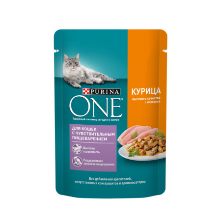 Purina ONE пауч для кошек с чувствительным пищеварением с курицей и морковью 75г