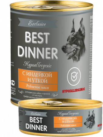 Best Dinner Exclusive "Индейка с уткой" для взр.собак и щенков проф.пищ.аллергии 0,34 кг