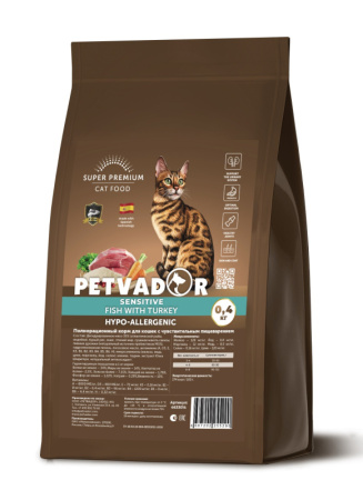 Petvador сухой корм для кошек с чувствительным пищеварением с рыбой и индейкой
